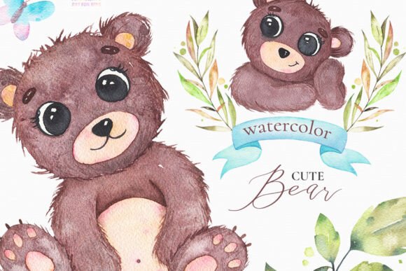 Watercolor Cute Baby Bear Clipart Print: A Versatile Design Resource for Creative Projects