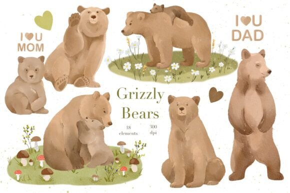 Watercolor Grizzly Bears Clipart for Creative Projects