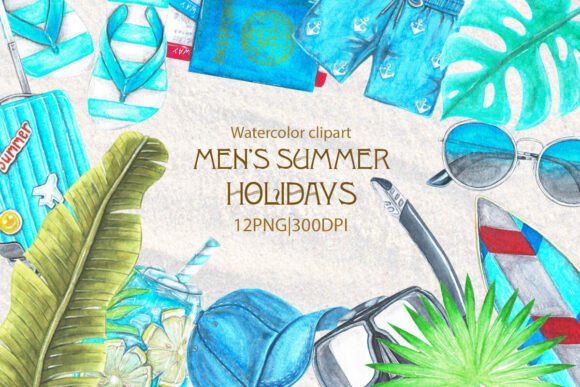 Watercolor Men's Summer Vacation Clipart: A Creative Resource for Designers and DIY Enthusiasts